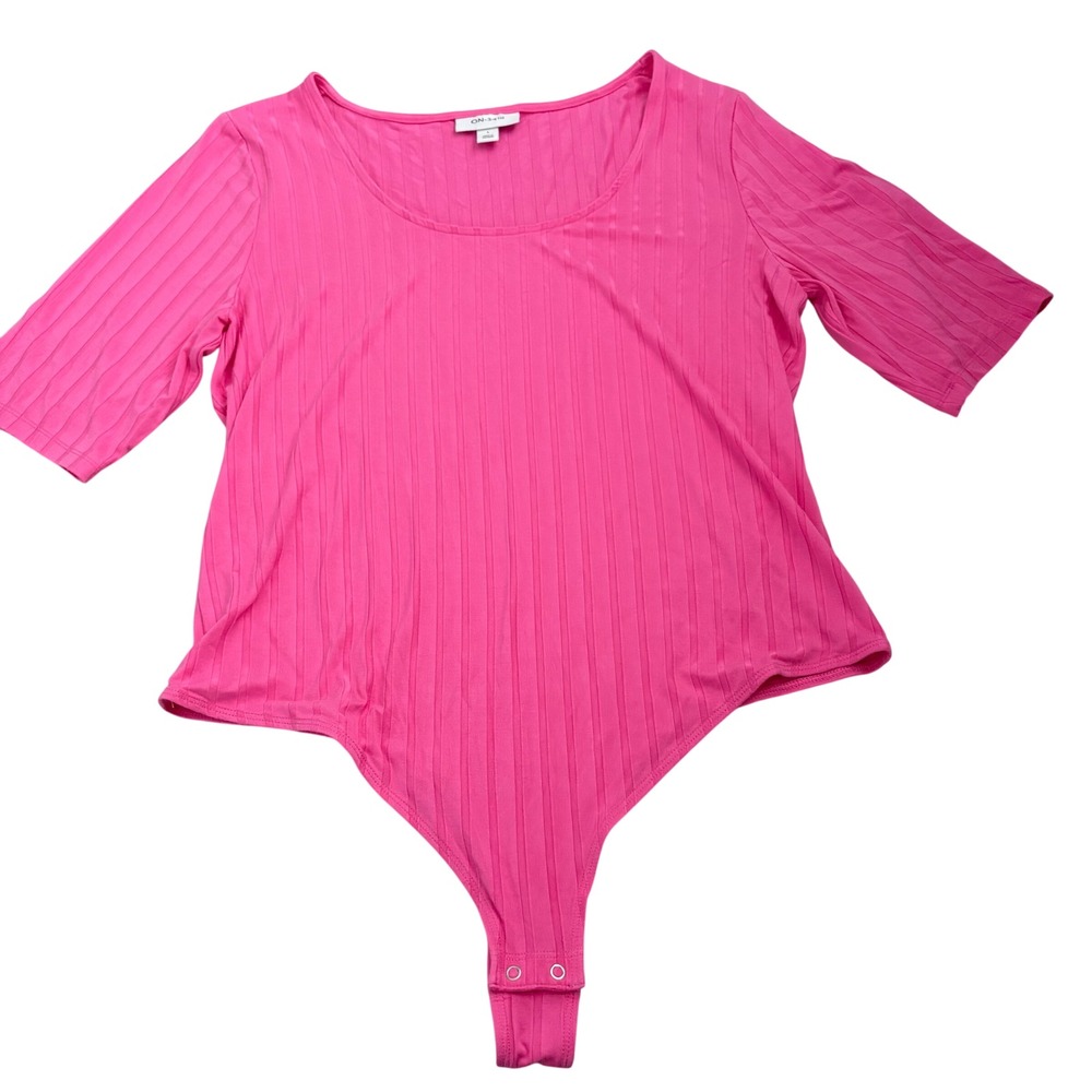 ON-34TH Pink Ribbed Bodysuit Elbow Sleeve Scoop‎ Neck Sz L Flirty Summer Spring